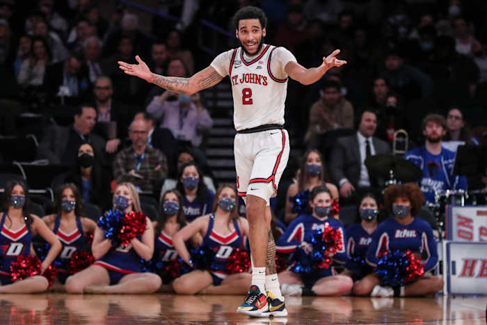 St. John's Red Storm guard Julian Champagnie (2) looks at his bench after scoring in the first half against the DePaul Blue Demons at the Big East Conference Tournament at Madison Square Garden.